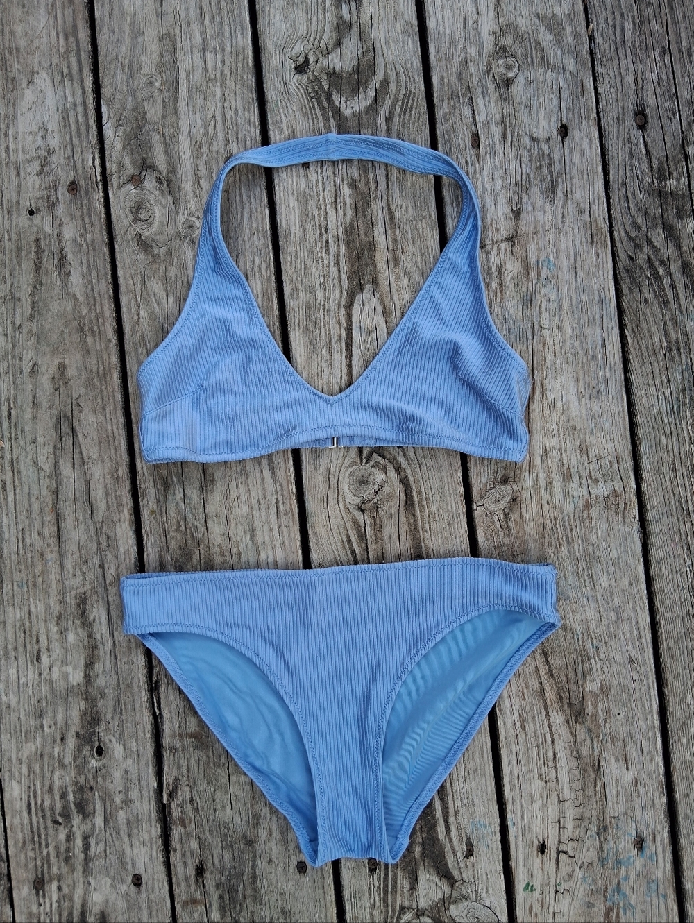 Aerie Blue Shine Rib Bikini Set M ✨ Textured Ribbed Top & Bottom Matching Set